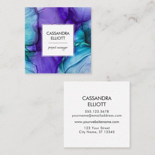 抽象芸術パープル&ティール（緑がかった色）アルコールインクリキッドアート スクエア名刺 (正面/裏面)