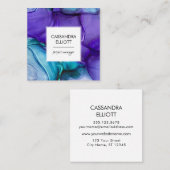 抽象芸術パープル&ティール(緑がかった色)アルコールインクリキッドアート スクエア名刺 (正面/裏面)