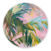 抽象芸術パームフロンドオンピンクオイルペインティングトロピカル セラミックノブ (正面)