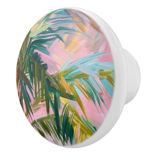 抽象芸術パームフロンドオンピンクオイルペインティングトロピカル セラミックノブ (右)