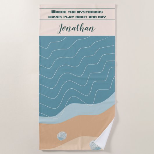 抽象芸術ビーチパターン波線ブルーサンドシェル ビーチタオル (正面)