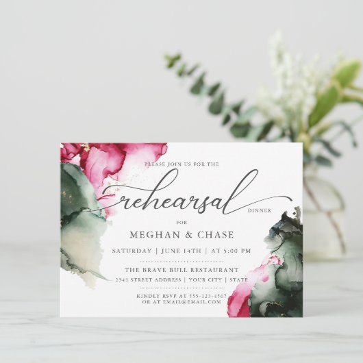 抽象芸術ピンクとセージ緑の水色 招待状 (スタンド正面)