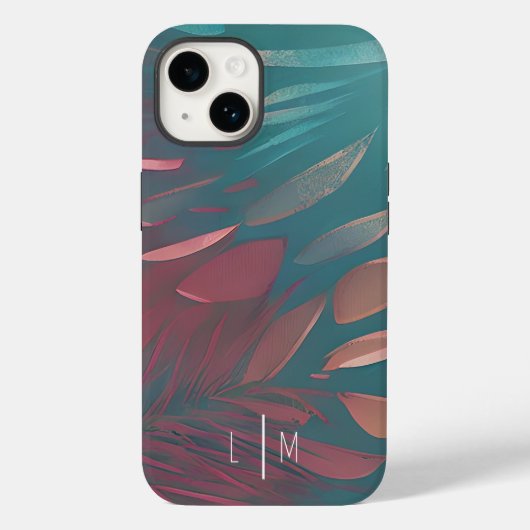 抽象芸術ピンクとティール(緑がかった色)の羽モノグラム Case-Mate iPhoneケース (裏面)
