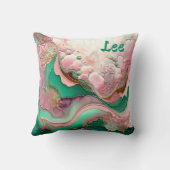 抽象芸術ピンクとティール(緑がかった色)ヴェルディグリス18th クッション (裏面)