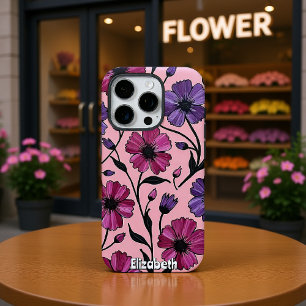 抽象芸術ピンクと紫のフローラレリーフ、 浮き彫り iPhone 16 PROケース