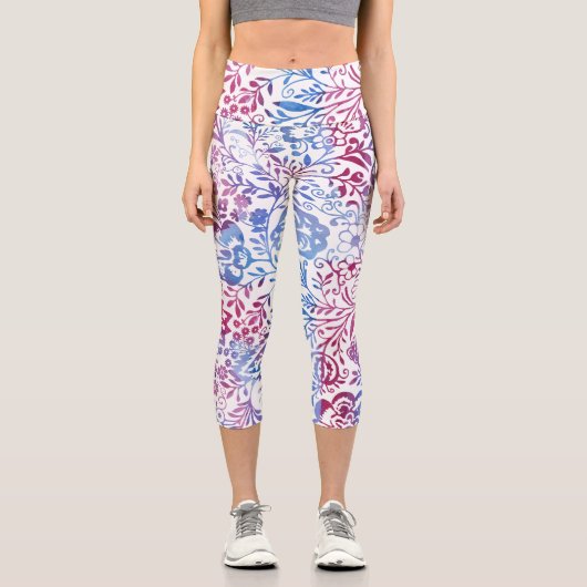 抽象芸術ピンクと紫のヴィンテージ花柄 カプリレギンス (正面)