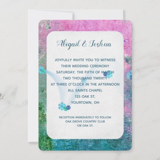 抽象芸術ピンクと絵を描ターコイズテクス結婚チャ 招待状 (正面)