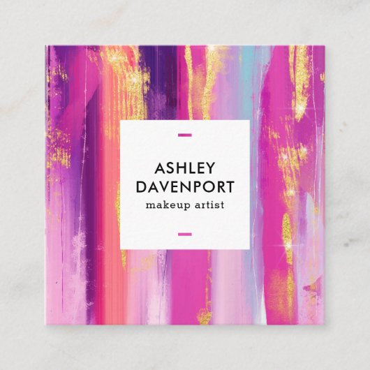 抽象芸術ピンクと金ゴールドグリッターのブラシストロークの構成 スクエア名刺 (正面)