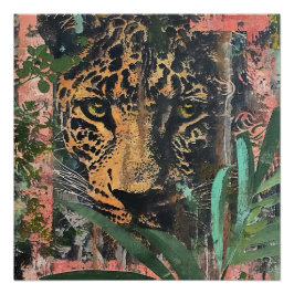 抽象芸術ピンクのジャングル猫の風景 ポスター