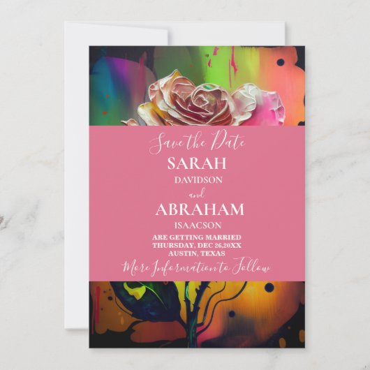 抽象芸術ピンクのバラの日付を保存 招待状 (正面)