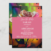 抽象芸術ピンクのバラの日付を保存 招待状 (正面/裏面)