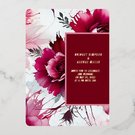 抽象芸術ピンクのバラの花結婚びらの葉の招待状 箔招待状