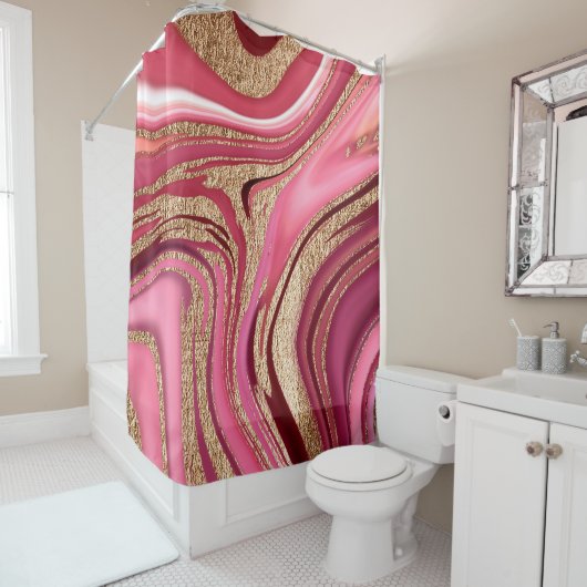 抽象芸術ピンクの液体大理石とグリッター金ゴールド シャワーカーテン (インサイチュ)