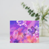 抽象芸術ピンクの花とバードアート ポストカード (スタンド正面)