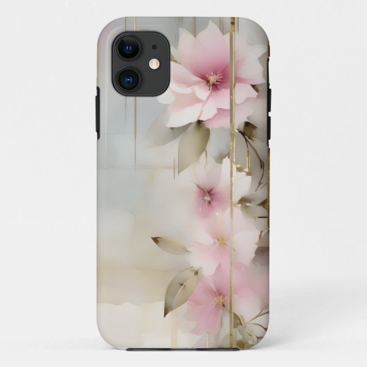 抽象芸術ピンクの花と金ゴールドの縞模様 Case-Mate iPhoneケース (裏面)