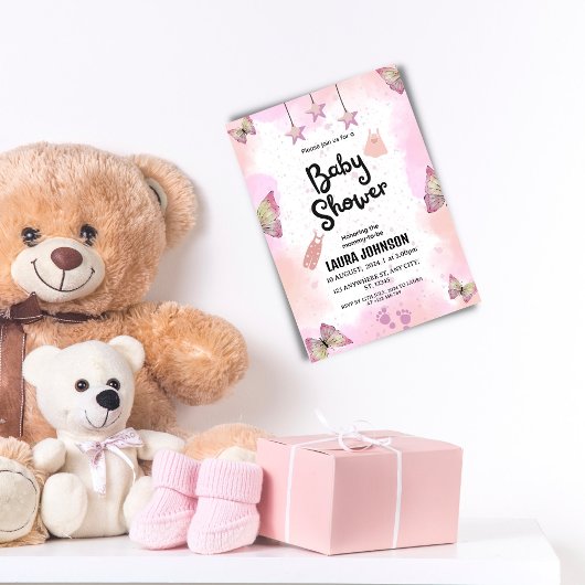 抽象芸術ピンクウォーターカラーベビーシャワー招待状 シーズンカード