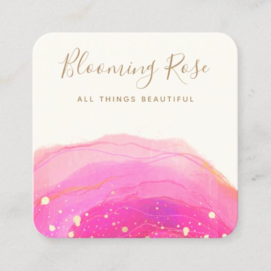 抽象芸術ピンクウォーターカラー金ゴールド（ばちゃばちゃ）跳ねるスクエアSq スクエア名刺 (正面)