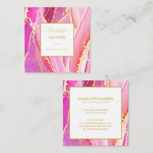 抽象芸術ピンクウォーターカラー金ゴールド（ばちゃばちゃ）跳ねる スクエア名刺 (正面/裏面)