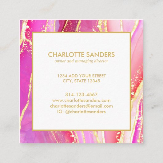 抽象芸術ピンクウォーターカラー金ゴールド（ばちゃばちゃ）跳ねる スクエア名刺 (裏面)