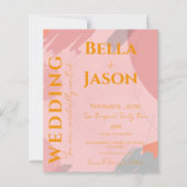 抽象芸術ピンクオレンジかわいらし結婚式招待状 (正面)