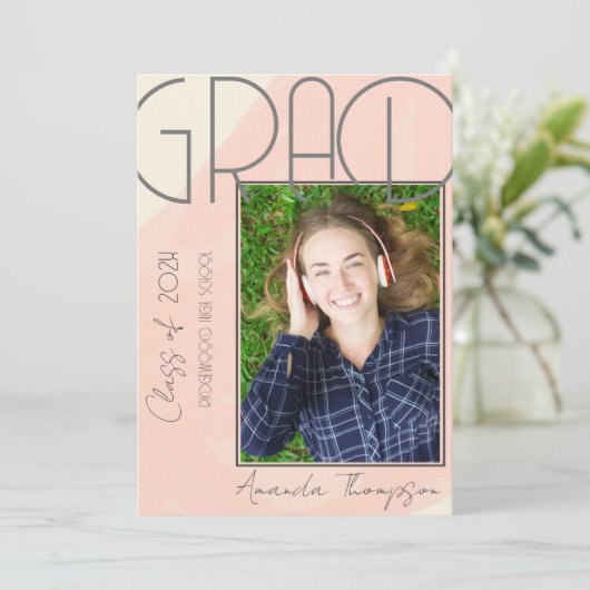抽象芸術ピンクグラード写真卒業発表 招待状 (スタンド正面)