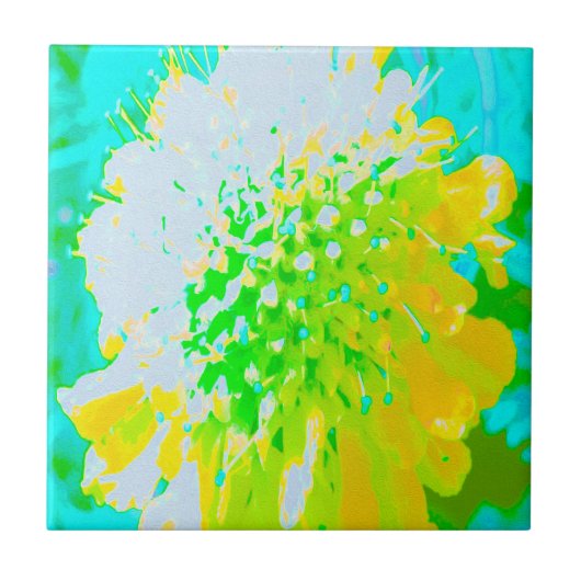 抽象芸術ピンクッションの花（黄色と緑） タイル (正面)