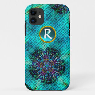 抽象芸術ピンクティール(緑がかった色)ブルーモザイクスタージェムモノグラム iPhone 11 ケース