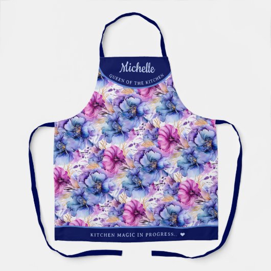 抽象芸術ピンクパープルフローラかわいらし パーソナライズされた エプロン (正面)