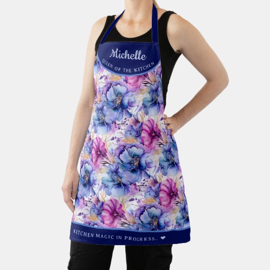 抽象芸術ピンクパープルフローラかわいらし パーソナライズされた エプロン (インサイチュ)