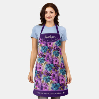抽象芸術ピンクパープルフローラかわいらし パーソナライズされた エプロン