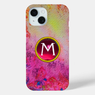 抽象芸術ピンクパープルフローラピンクジェムモノグラム iPhone 15ケース