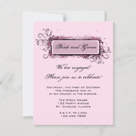 抽象芸術ピンクフローラ婚約パーティ招待状 招待状 (正面)