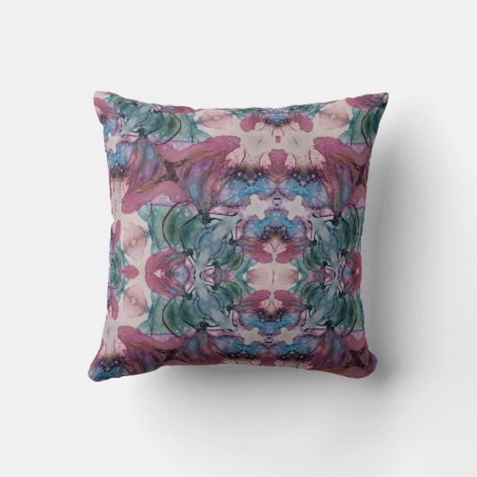 抽象芸術ピンクブルーとグリーンフローラ クッション (裏面)