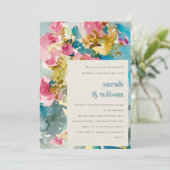 抽象芸術ピンクブルーウォーターカラーフローラカップルのシャワー 招待状 (スタンド正面)