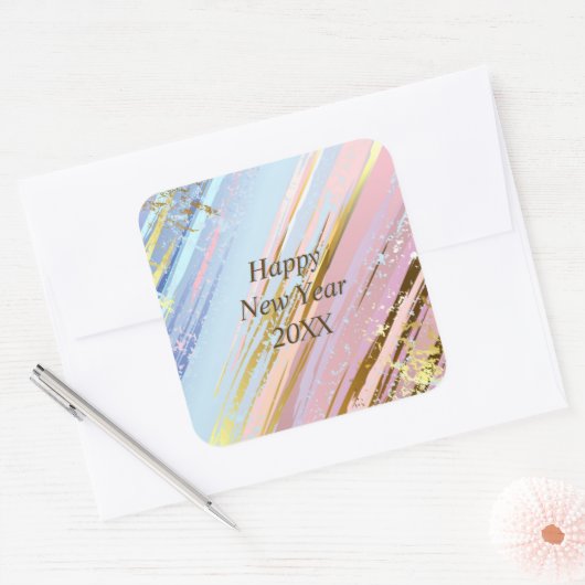 抽象芸術ピンクブルー金ゴールドハッピーニューイヤー20xx スクエアシール (封筒)
