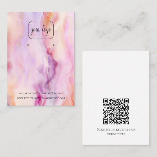 抽象芸術ピンクマーブルイヤリングディスプレイQRコードロゴ 名刺 (正面/裏面)