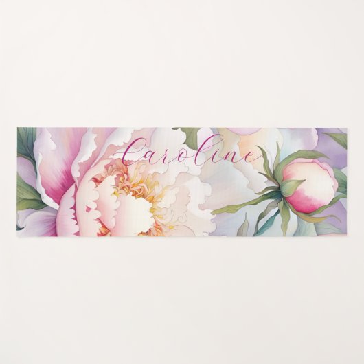 抽象芸術ピンク牡丹フローラパーソナライズされた名 ヨガマット (正面(横))