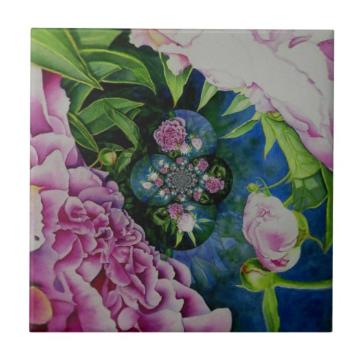 抽象芸術ピンク牡丹フローラ水絵を描色 タイル (正面)