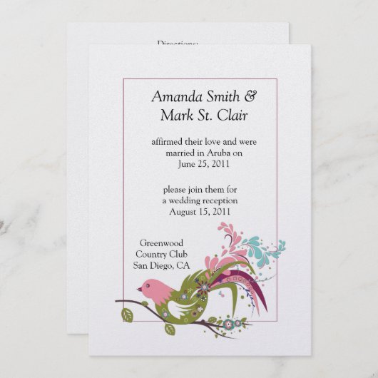 抽象芸術ピンク紫の緑の鳥の渦巻きポストW 招待状 (正面/裏面)