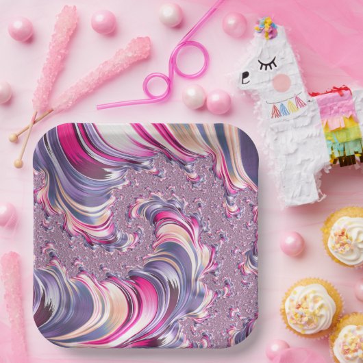 抽象芸術ピンク紫色スパイラルフラクタル ペーパープレート (パーティー)