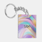 抽象芸術ピンク薄紫ターコイズ金ゴールド キーホルダー (正面左)