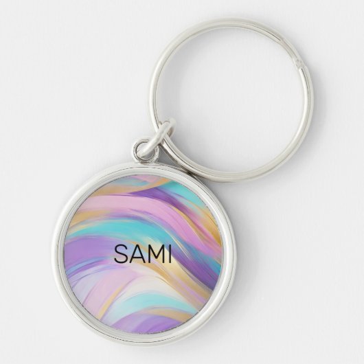 抽象芸術ピンク薄紫ターコイズ金ゴールド キーホルダー (正面)
