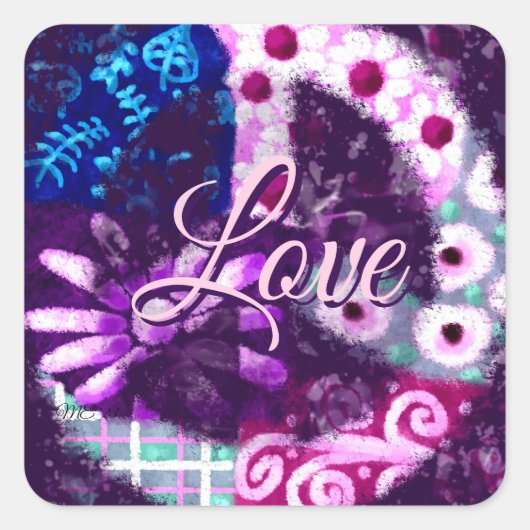 抽象芸術ピースサインヒッパイアートパープルピンクブルー スクエアシール (正面)