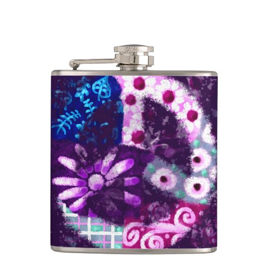 抽象芸術ピースサインヒッパイアートパープルピンクブルー フラスク (正面)