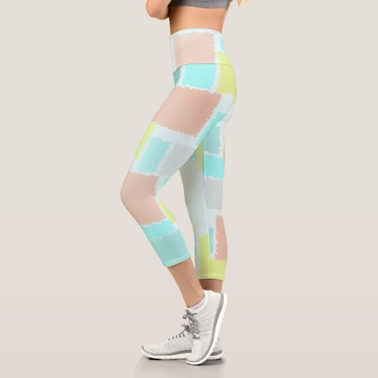 抽象芸術ファンキーアートパステルターコイズイエロー カプリレギンス (左)