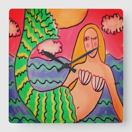 抽象芸術ファンキーアートマーメイド スクエア壁時計 (正面)