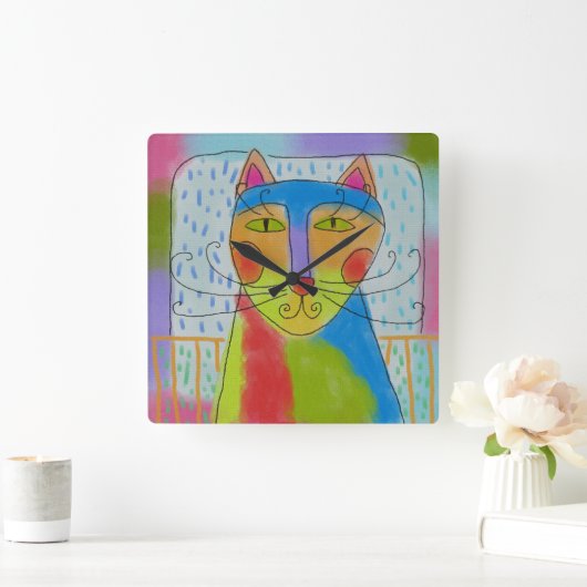 抽象芸術ファンキーキャットアートスクエアウォールクロック スクエア壁時計 (ホーム)
