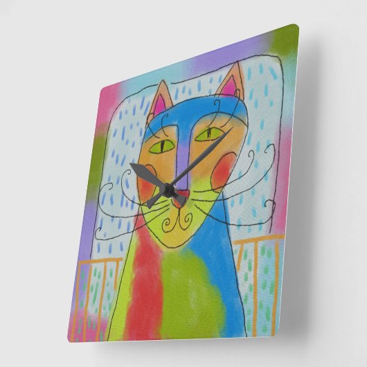 抽象芸術ファンキーキャットアートスクエアウォールクロック スクエア壁時計 (傾斜)