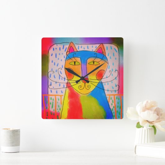抽象芸術ファンキーキャットアート スクエア壁時計 (ホーム)