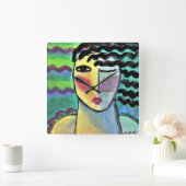 抽象芸術ファンキーポートレートの女性正方形の壁クロ スクエア壁時計 (ホーム)